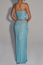 melissa sequin tube top maxi skirt suit in blue