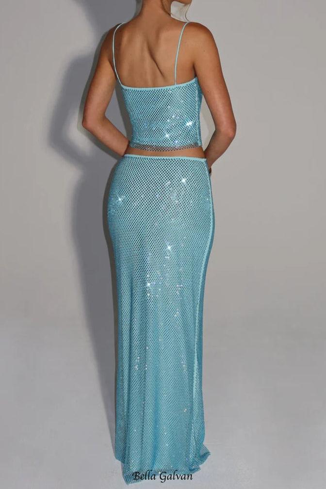 melissa sequin tube top maxi skirt suit in blue