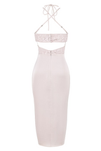 apricot crystal satin lace cutout midi dress