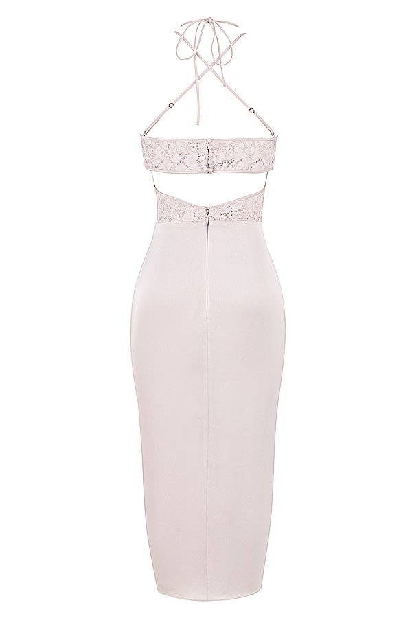 Flowering Girl Women Apricot Crystal Satin Lace Cutout Midi Dress