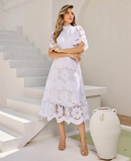 Jessica Lace Hollow Layered Midi Dress In White