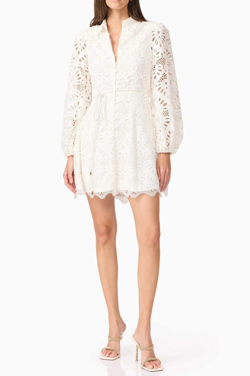 Flowering Girl Women Lapel Hollow Embroidery Puff Sleeve Mini Dress In White