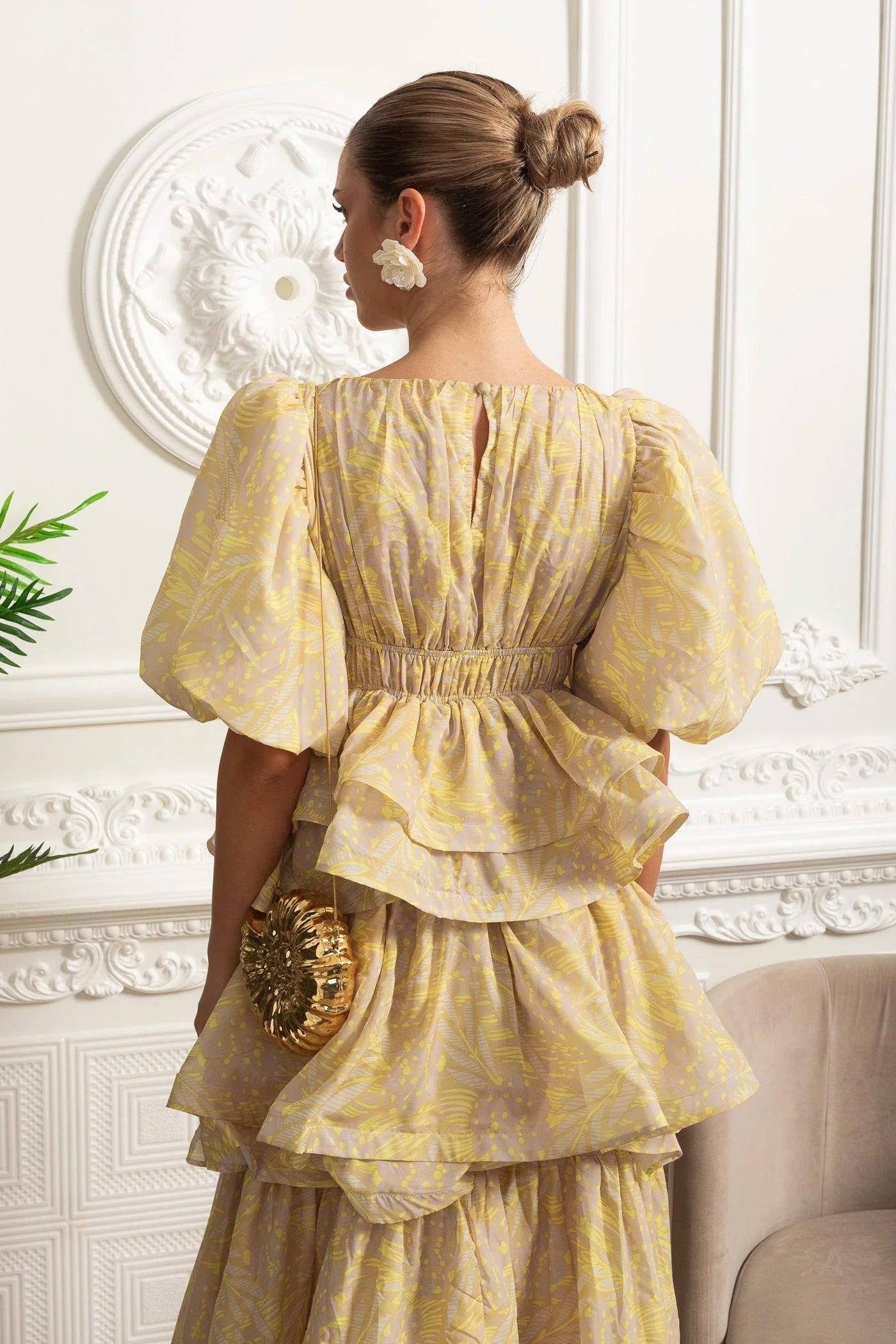 kristin Puff Sleeve Tiered Ruffle Midi Dress - Yellow