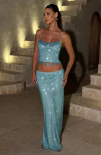 melissa sequin tube top maxi skirt suit in blue