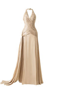 Corset Waist Silk Blend halter Floor Length Dress in champagne