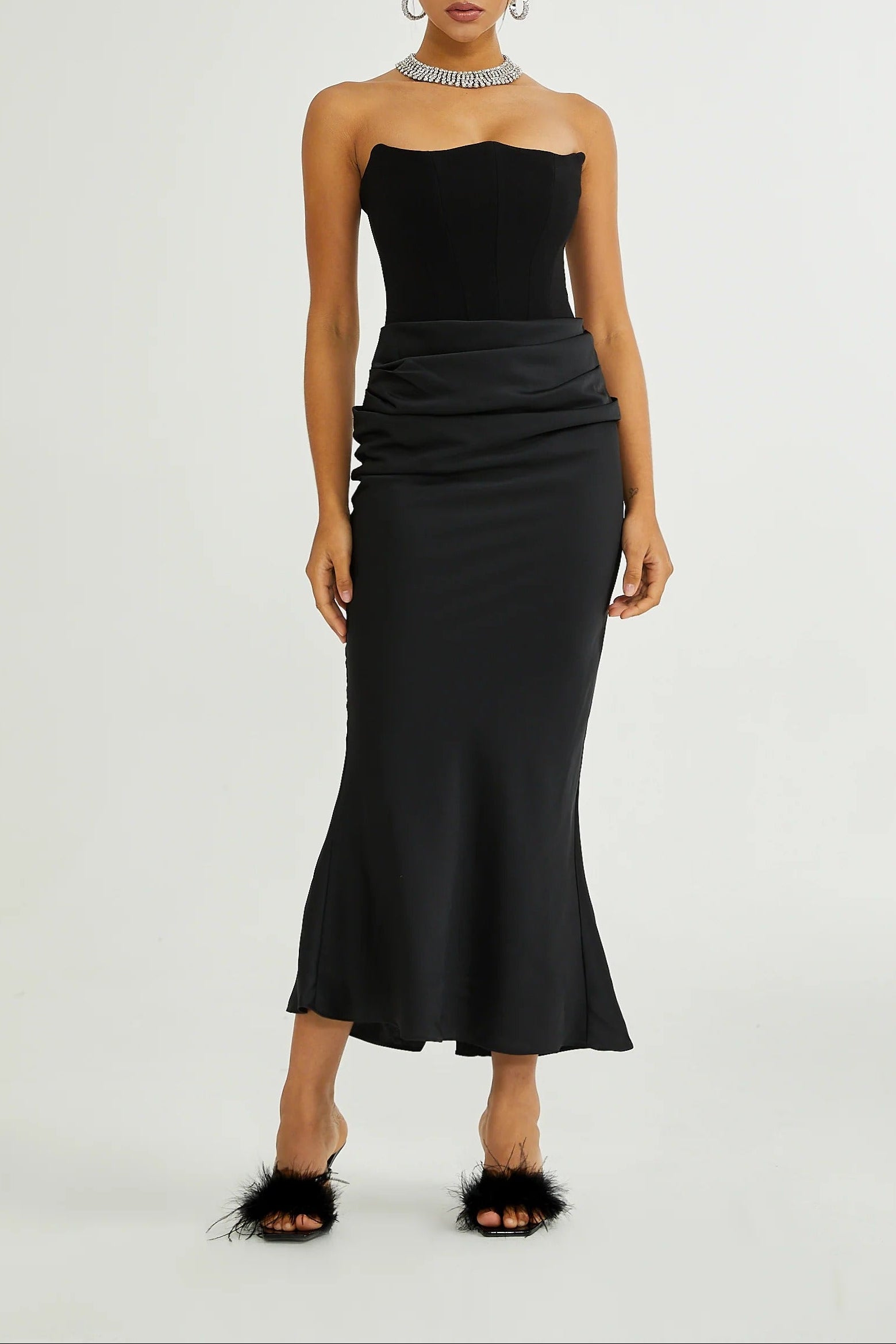 Flowering Girl Women Black Velvet Strapless Corset Maxi Dress