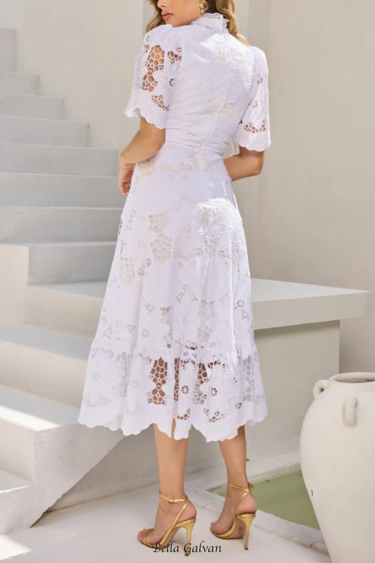 jessica Lace hollow layered midi dress in white