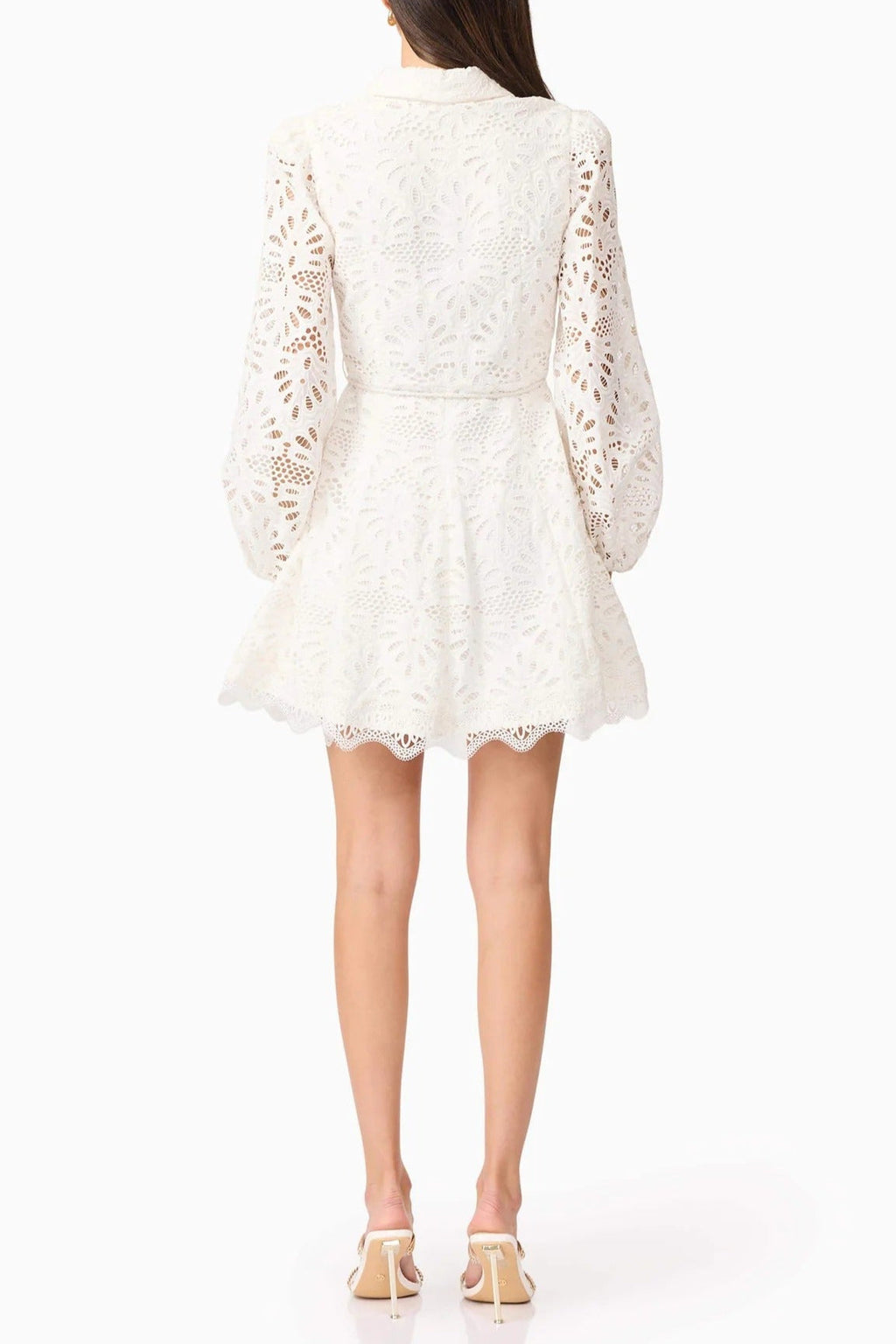 Flowering Girl Women Lapel Hollow Embroidery Puff Sleeve Mini Dress In White