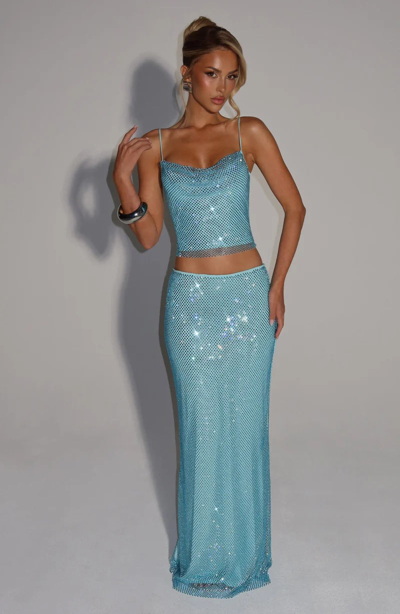 Flowering Girl Women Melissa Sequin Tube Top Maxi Skirt Suit In Blue