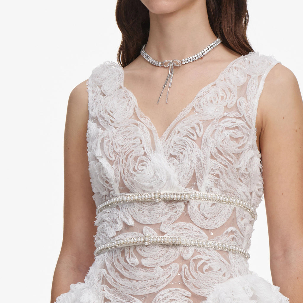 White sequin tulle and lace mini dress
