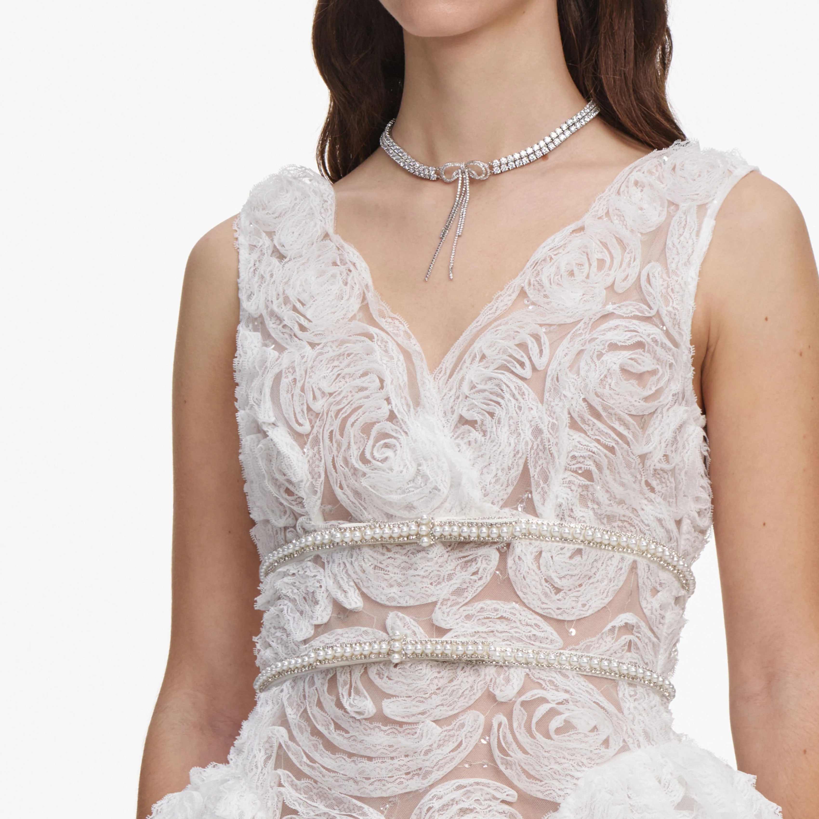 White Sequin Tulle And Lace Mini Dress