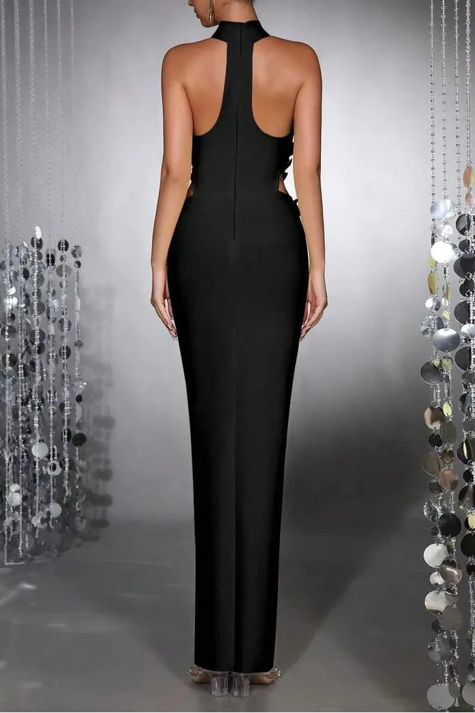 Celeste 3d Flower Halter High Slit Backless Maxi Dress In Black