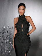 celeste 3d flower halter high slit backless maxi Dress in black