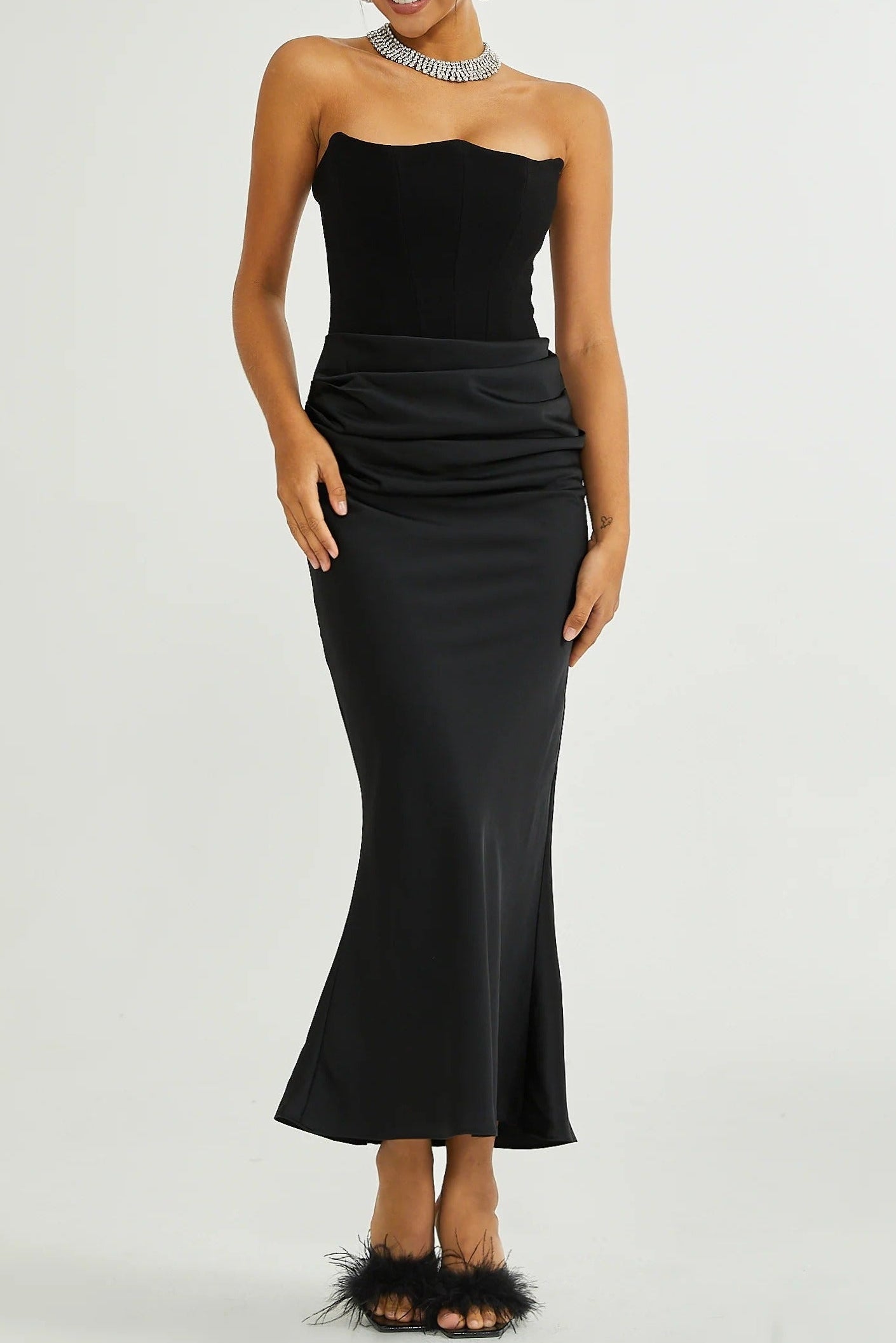 Flowering Girl Women Black Velvet Strapless Corset Maxi Dress