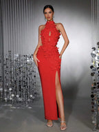 Celeste 3d Flower Halter High Slit Backless Maxi Dress In Red