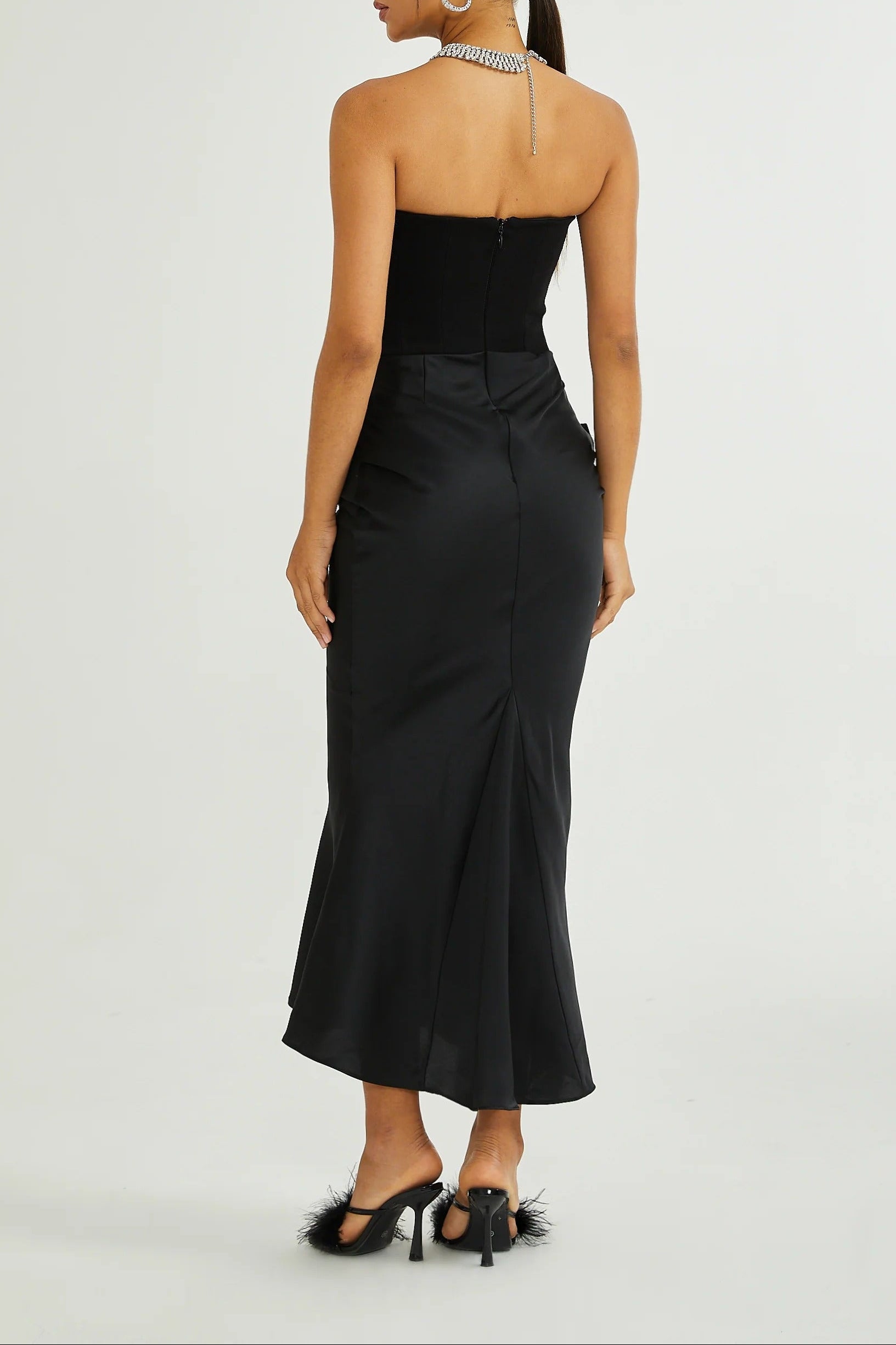 Flowering Girl Women Black Velvet Strapless Corset Maxi Dress