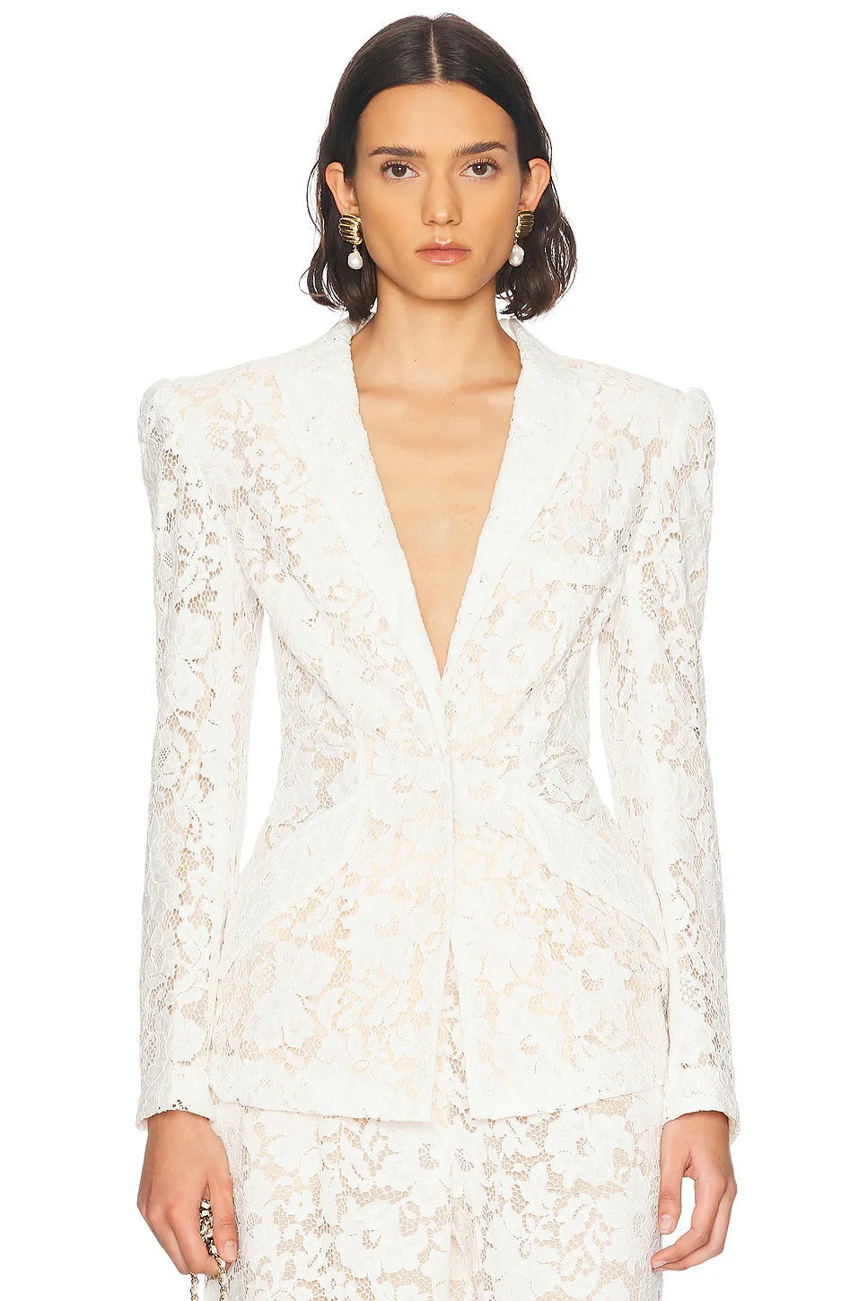 Flowering Girl Women Elvira v-Neck Lace Blazer Set In White