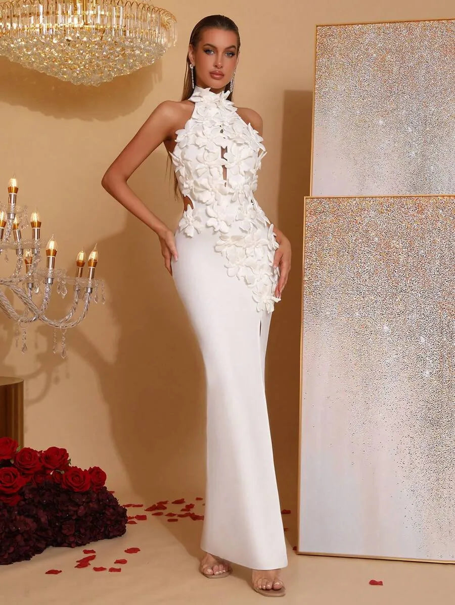 celeste 3d flower halter high slit backless maxi Dress in white