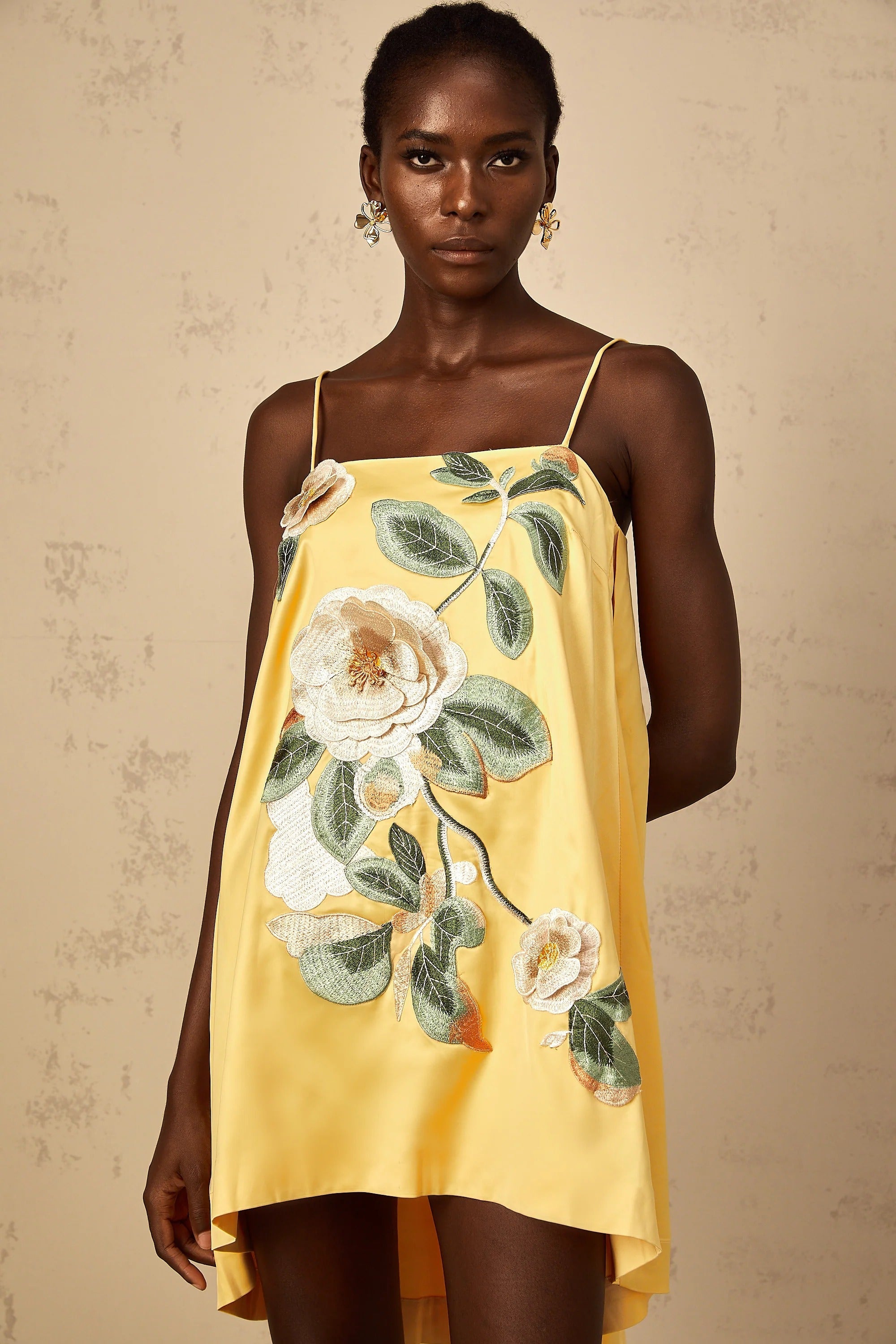 Edwina Applique Floral Embroidered Mini Dress In Yellow