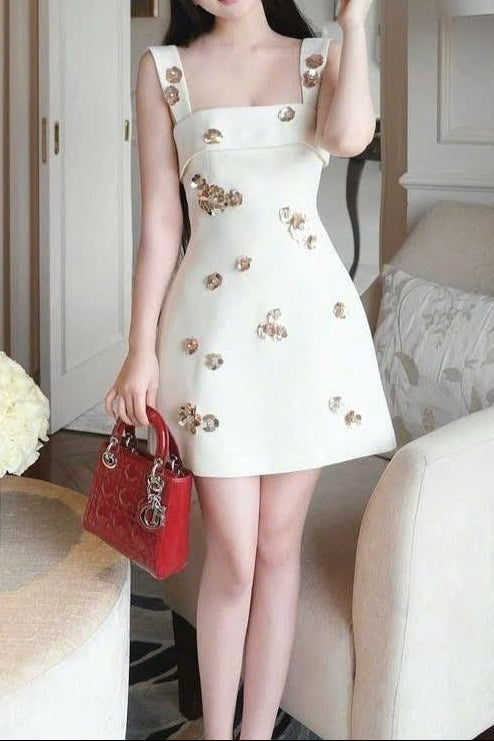 Flowering Girl Women Gabrielle Sequin Rhinestone Flower Mini Dress In White