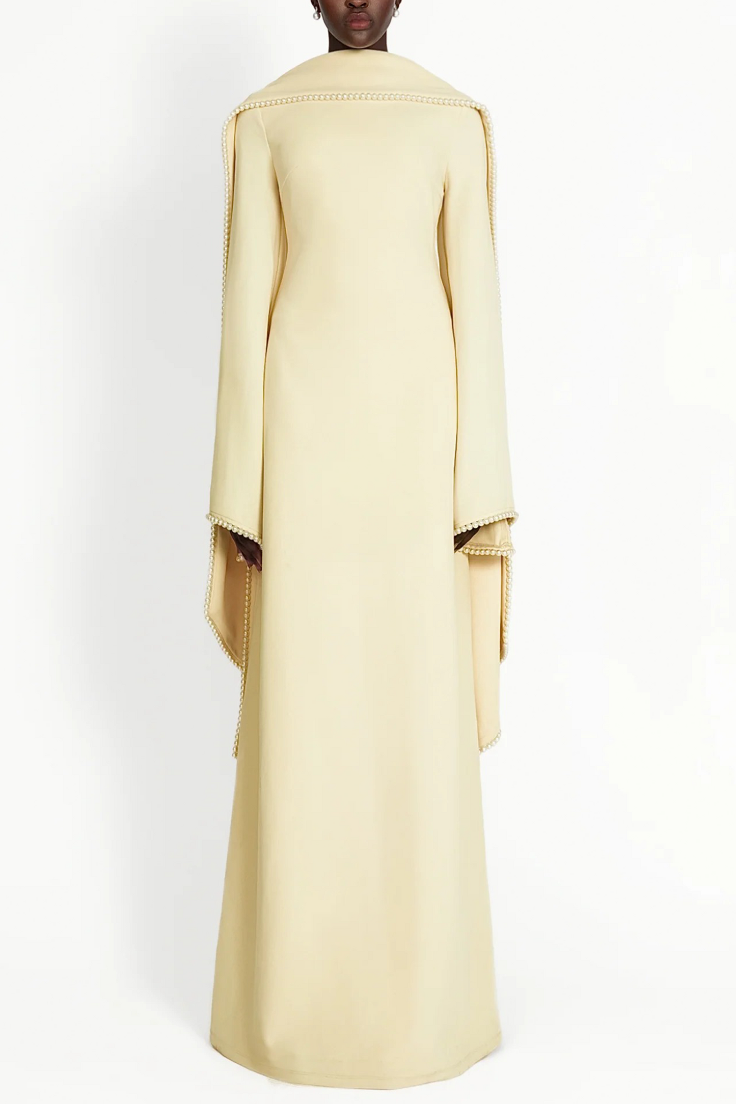 murray Yellow Pearl Trim Shawl Detail Maxi Dress