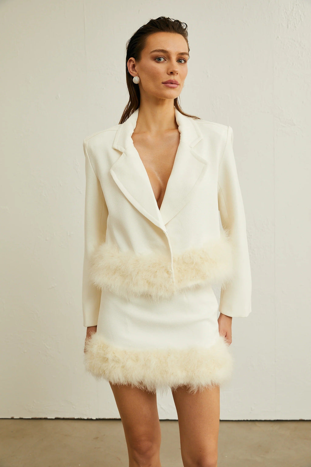 Flowering Girl Women Valérie feather-hem blazer & skirt matching set