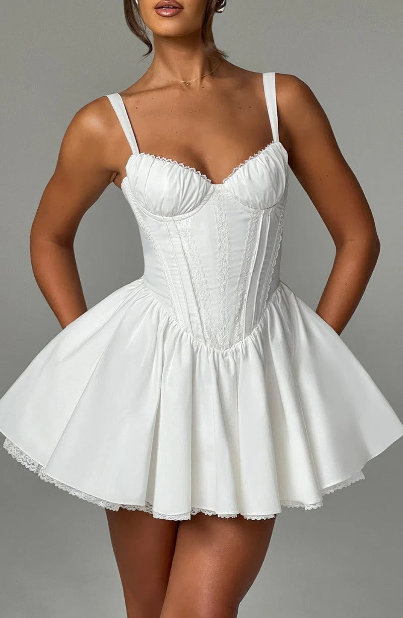 Flowering Girl Women Lace Ruffle Trim Corset Mini Dress In White