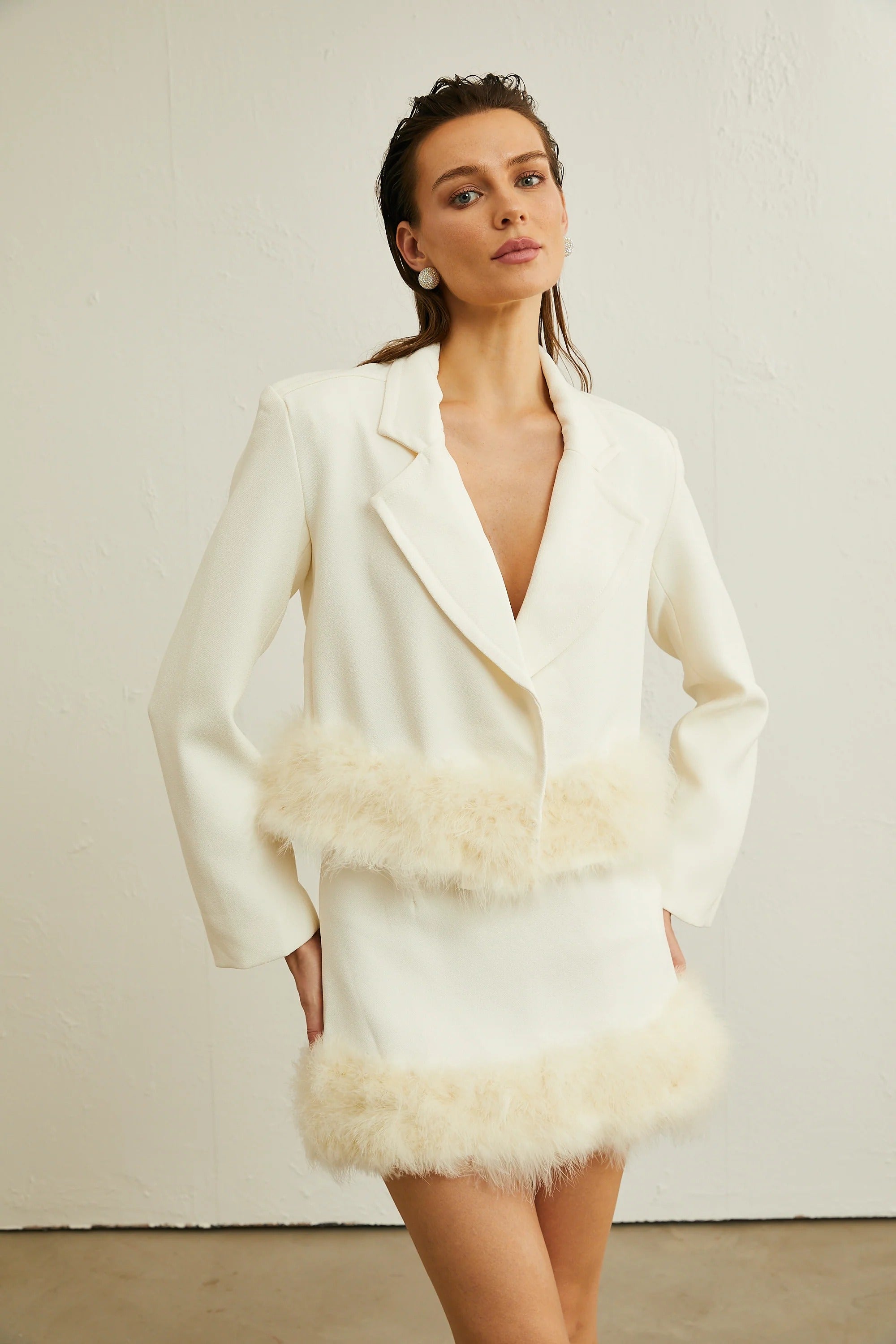 Flowering Girl Women Valérie feather-hem blazer & skirt matching set