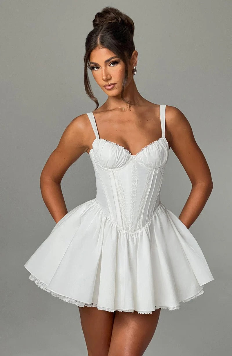 Flowering Girl Women Lace Ruffle Trim Corset Mini Dress In White