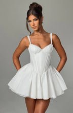 Flowering Girl Women Lace Ruffle Trim Corset Mini Dress In White