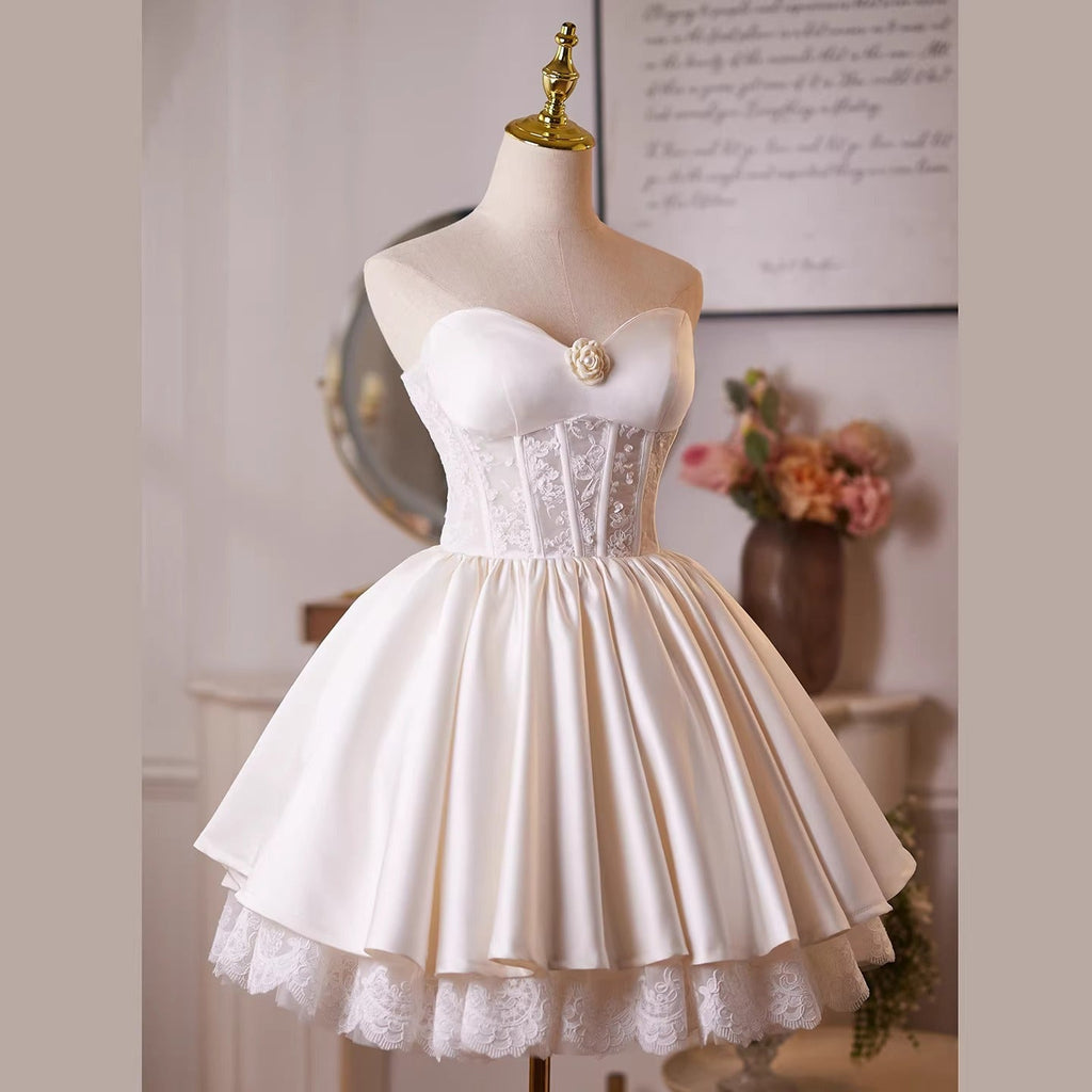 helen white flower Strapless lace satin mini dress