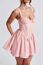 Flowering Girl Women Lace Ruffle Trim Corset Mini Dress In Pink