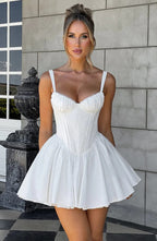 Flowering Girl Women Lace Ruffle Trim Corset Mini Dress In White