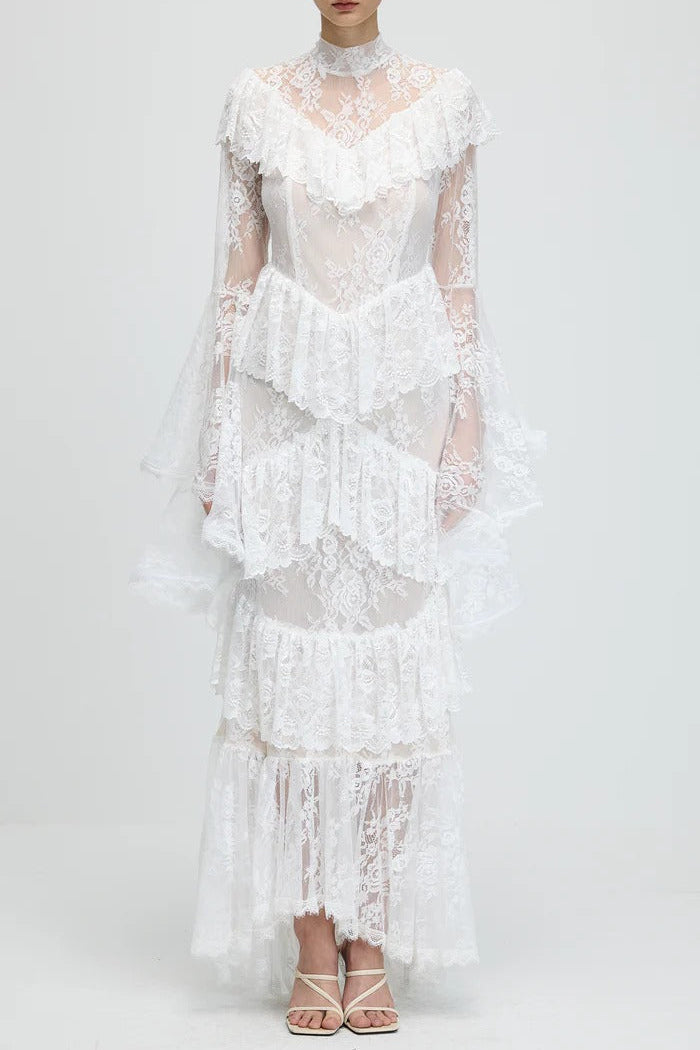 Flowering Girl Women Sylvia Sheer Lace Trumpet Sleeve Maxi Dress In White