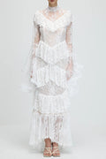 Flowering Girl Women Sylvia Sheer Lace Trumpet Sleeve Maxi Dress In White