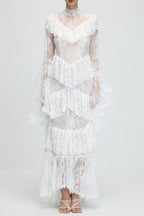 Flowering Girl Women Sylvia Sheer Lace Trumpet Sleeve Maxi Dress In White