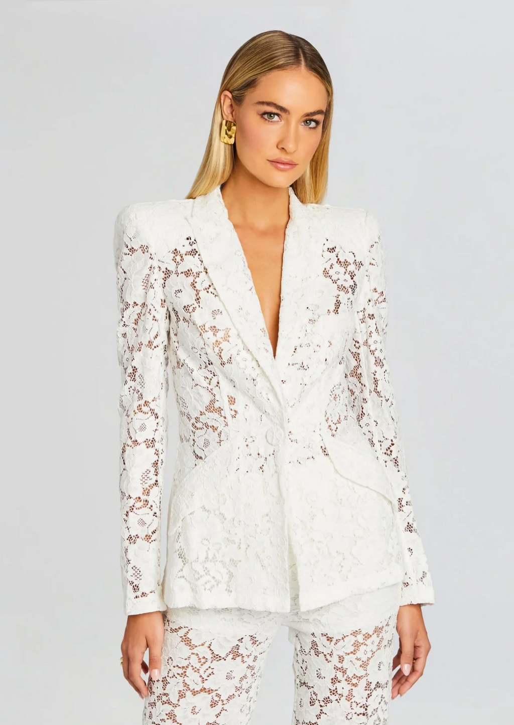 Flowering Girl Women Elvira v-Neck Lace Blazer Set In White