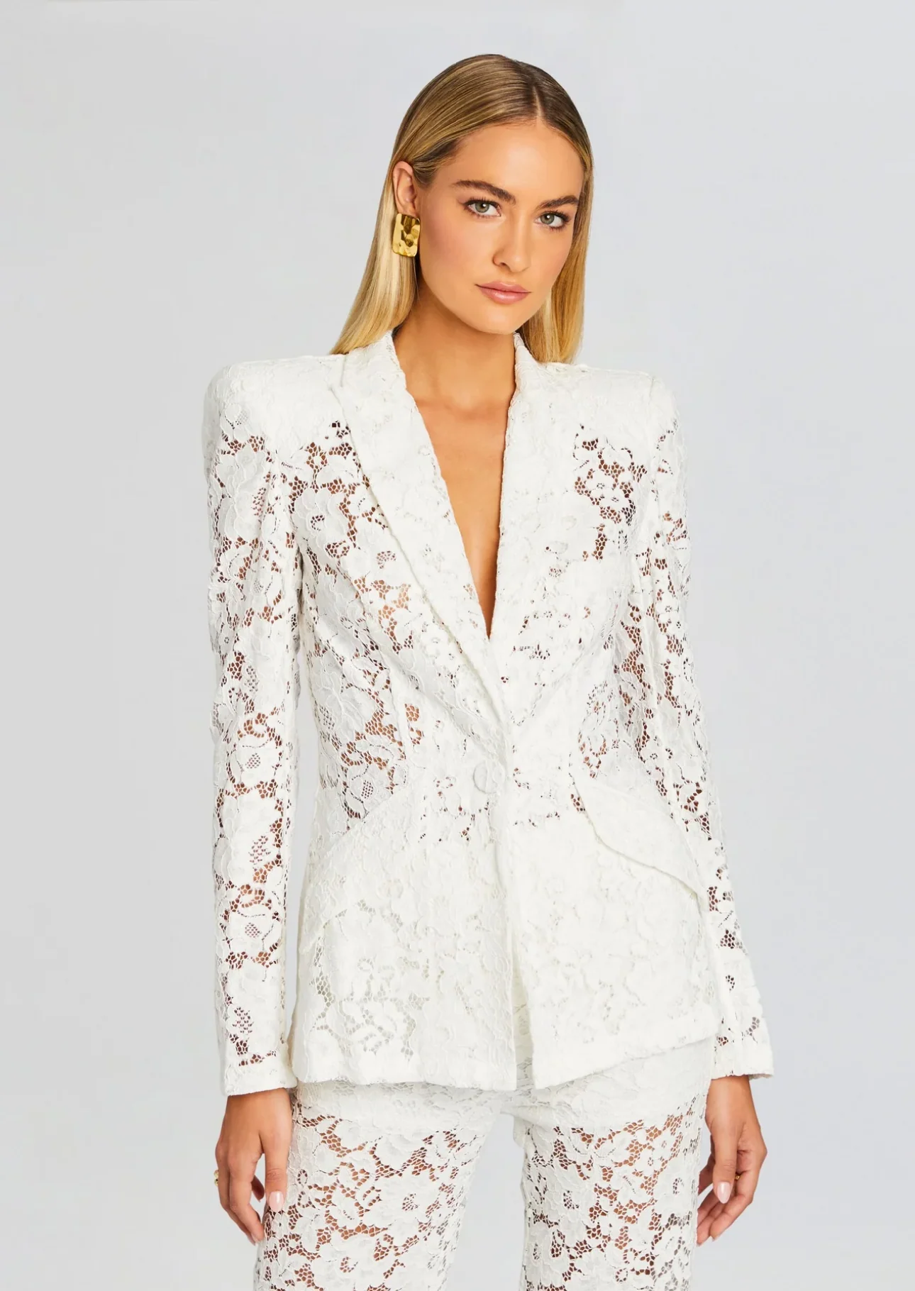 Flowering Girl Women Elvira v-Neck Lace Blazer Set In White