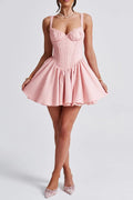 Flowering Girl Women Lace Ruffle Trim Corset Mini Dress In Pink