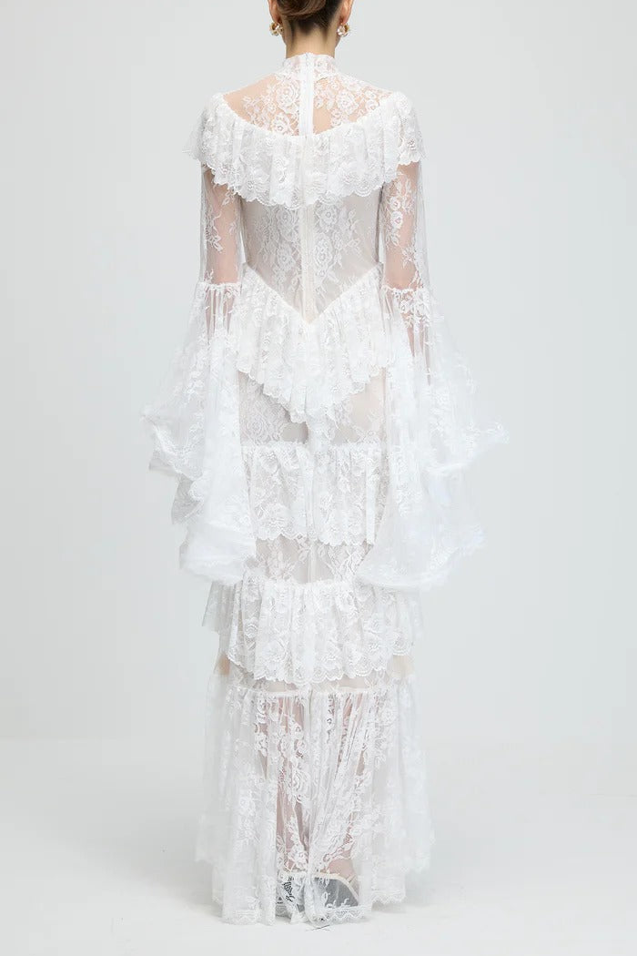 sylvia Sheer lace trumpet sleeve maxi dress in white