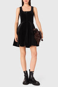 Tara Black Square Neck Velvet Puff Sleeveless Mini Dress