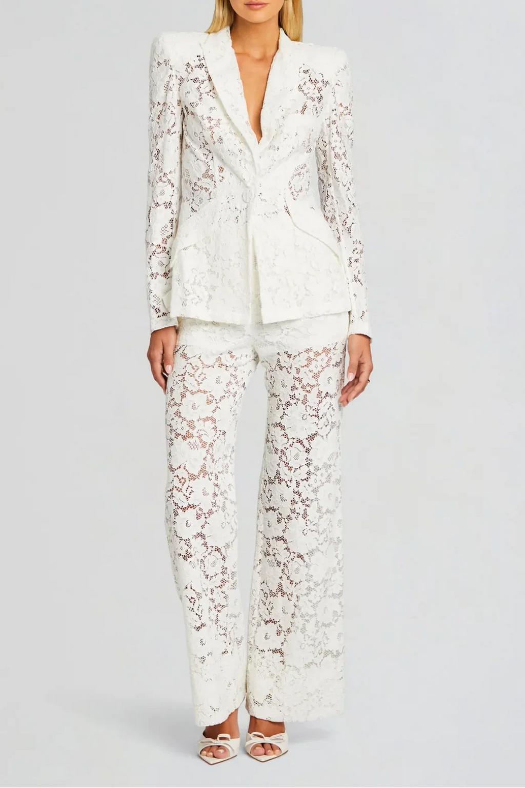 Flowering Girl Women Elvira v-Neck Lace Blazer Set In White