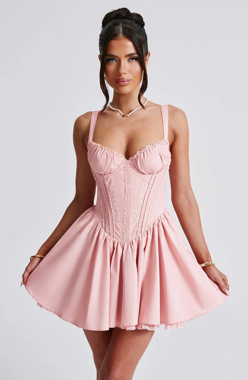 Flowering Girl Women Lace Ruffle Trim Corset Mini Dress In Pink