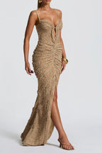 Flowering Girl Women Slit Pleated Bodycon Maxi Dress In Ivory