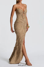 slit pleated bodycon maxi dress in ivory