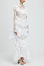 Flowering Girl Women Sylvia Sheer Lace Trumpet Sleeve Maxi Dress In White