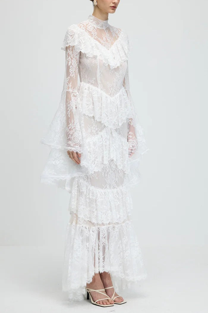 Flowering Girl Women Sylvia Sheer Lace Trumpet Sleeve Maxi Dress In White
