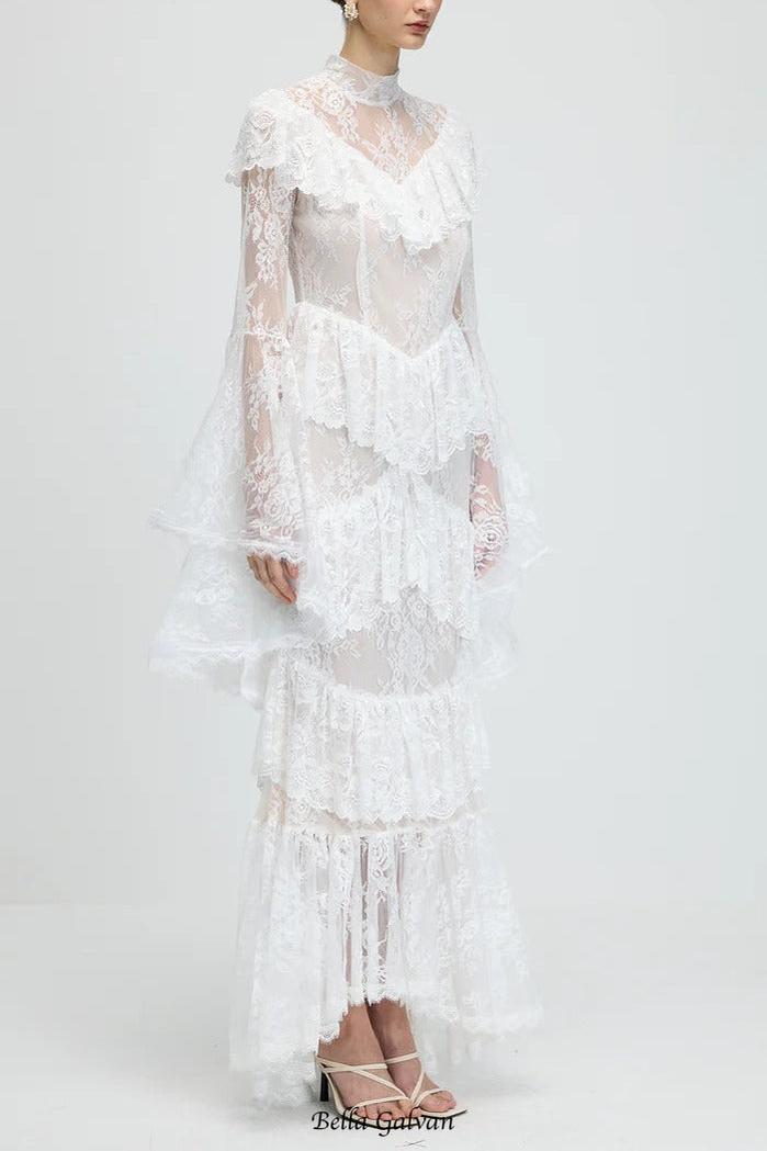 sylvia Sheer lace trumpet sleeve maxi dress in white