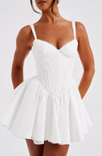 Flowering Girl Women Lace Ruffle Trim Corset Mini Dress In White