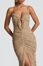 Flowering Girl Women Slit Pleated Bodycon Maxi Dress In Ivory